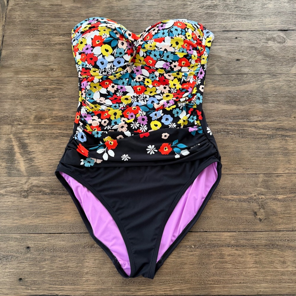 Anne Cole Womens Black Floral Bandeau One Piece Swimsuit Ruched Strapless Size 8
